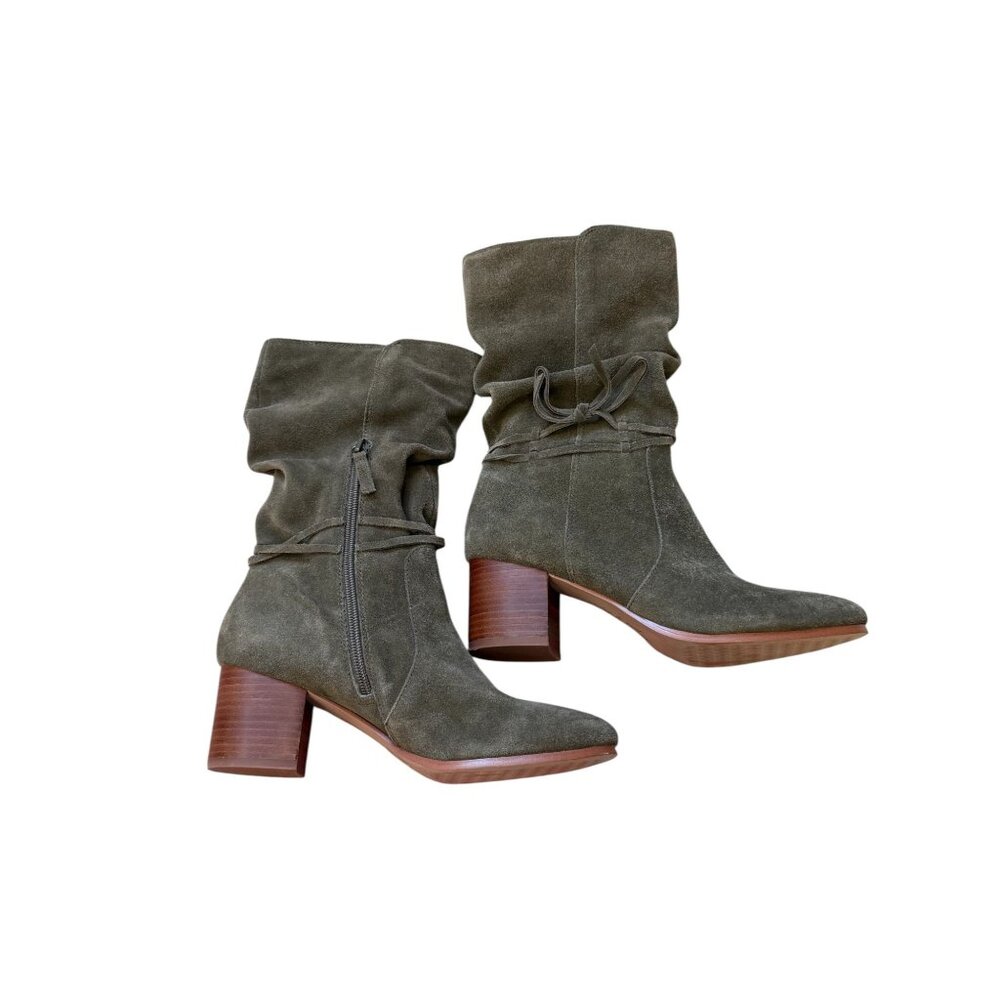 Violet & Red Janine Olive Green Suede Slouch‎ Mid-Calf Boots Block Heel Size 7.5